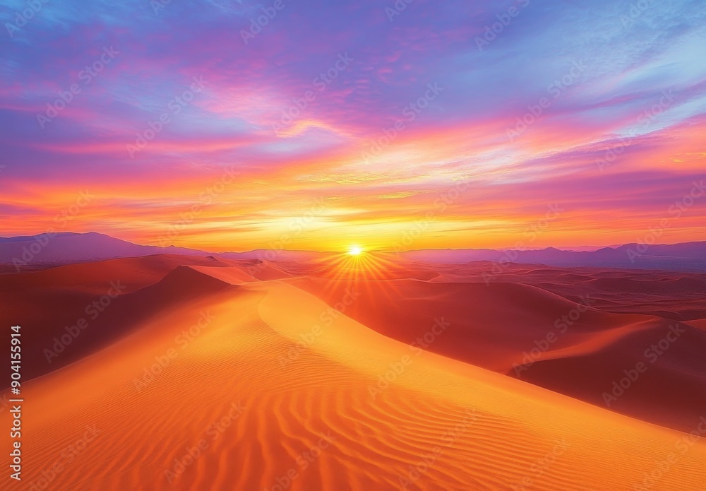 A stunning desert sunset with a sky ablaze in shades of orange, pink, and purple, casting a warm glow over the sandy dunes A stunning desert sunset with a sky ablaze in shades of orange, pink, and purple, casting a warm glow over the sandy dunes