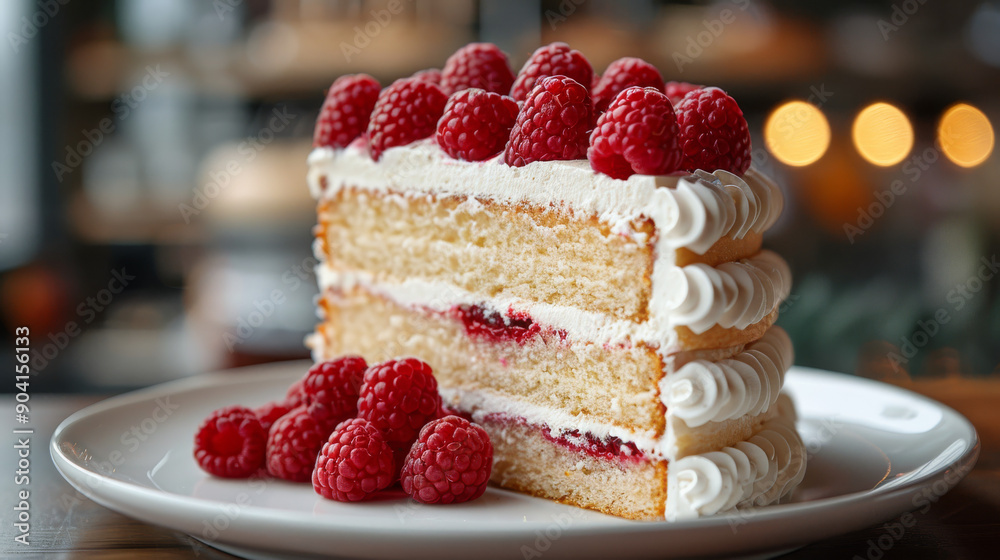 Deliciously Layered Vanilla Cake With Raspberries and Cream Topped in Cozy Café Setting Deliciously Layered Vanilla Cake With Raspberries and Cream Topped in Cozy Café Setting