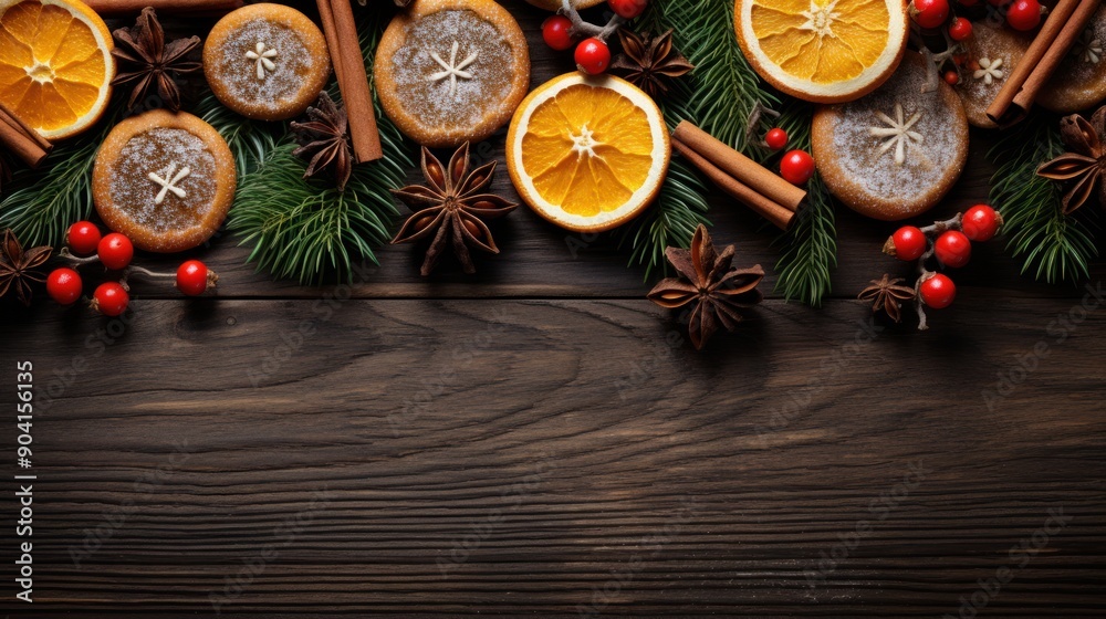 Fresh ginger cookies, spruce branches and citrus fruits on a dark background. Festive mood. Happy New Year concept Fresh ginger cookies, spruce branches and citrus fruits on a dark background. Festive mood. Happy New Year concept