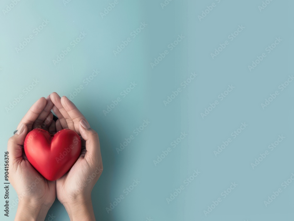 Obraz premium Two hands gently holding a red heart on a light blue background, symbolizing love, care, and compassion. Minimalistic and elegant design.