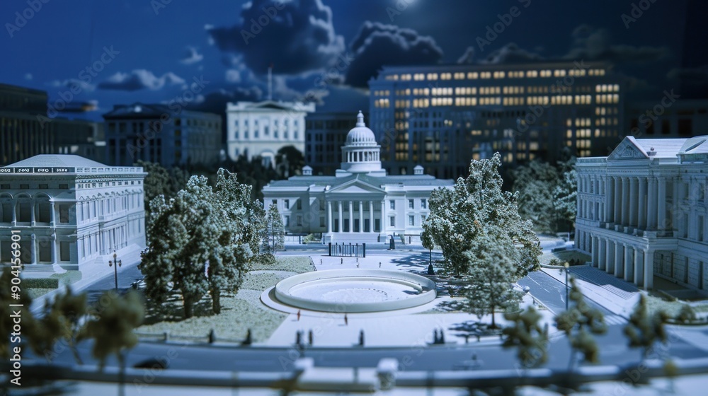 Fototapeta premium Generate a photo realistic image of a maquette showcasing a government plaza with legislative buildings, public spaces, and civic monuments; ensure the image is of high resolution for clear