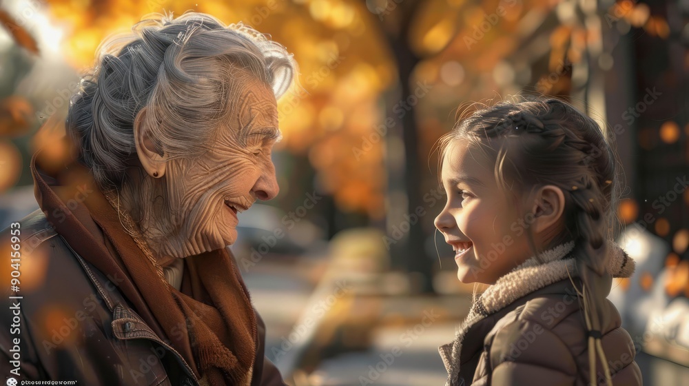 An older woman and a young girl are laughing together on a footpath. The grandmother and granddaughter share a joyful moment, filled with smiles and laughter as they enjoy each others company. An older woman and a young girl are laughing together on a footpath. The grandmother and granddaughter share a joyful moment, filled with smiles and laughter as they enjoy each others company.