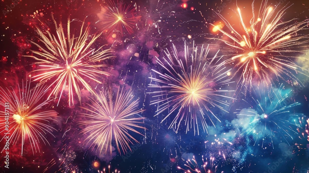 Naklejka premium Vibrant display of fireworks illuminating the night sky with mesmerizing colors and patterns, perfect for celebrations and events.