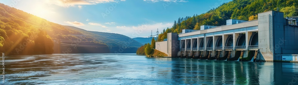 Hydroelectric powerhouse on a river, clean energy source, front view, sustainable power generation, cybernetic tone, Splitcomplementary color scheme, copy space for text Hydroelectric powerhouse on a river, clean energy source, front view, sustainable power generation, cybernetic tone, Splitcomplementary color scheme, copy space for text