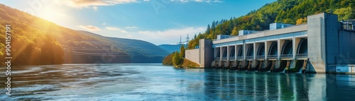 Wallpaper Mural Hydroelectric powerhouse on a river, clean energy source, front view, sustainable power generation, cybernetic tone, Splitcomplementary color scheme, copy space for text Torontodigital.ca