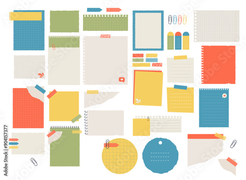 Ripped paper notes on stickers vector illustration set. Office notepapers and information board in flat cartoon style. Torn paper sheets form notepad isolated collection of sticky notes