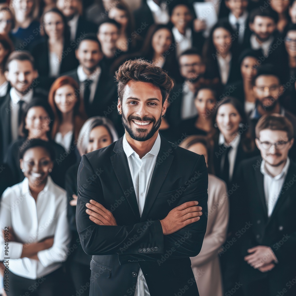 Businessman standing folded hand smile, businessman and businesswoman over big group of businesspeople background Job ID: 2183298e-86aa-4808-8b63-e1bbc966d4a3 Businessman standing folded hand smile, businessman and businesswoman over big group of businesspeople background Job ID: 2183298e-86aa-4808-8b63-e1bbc966d4a3