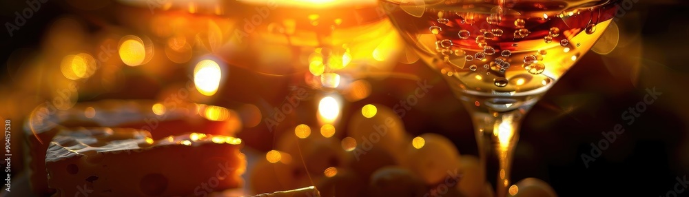 Elegant wine glasses and cheese in soft warm light. Perfect for depicting wine tastings, social gatherings, and gourmet food scenes.