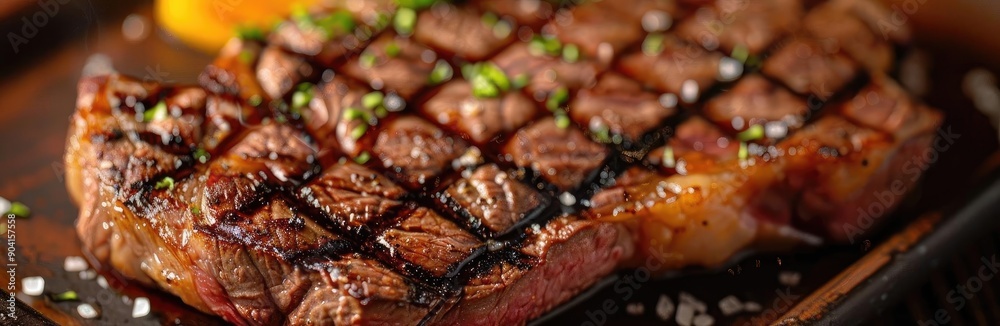 Deliciously grilled steak, perfectly cooked with a crispy outer layer and juicy interior, garnished with herbs and seasoned to perfection. Deliciously grilled steak, perfectly cooked with a crispy outer layer and juicy interior, garnished with herbs and seasoned to perfection.