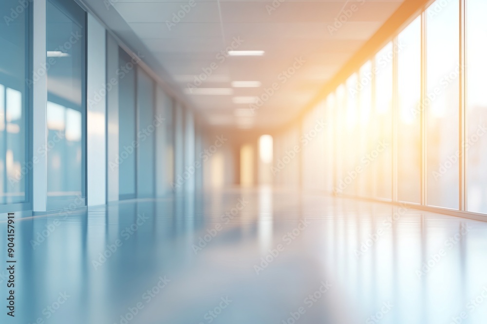 Fototapeta premium A spacious corridor features large windows allowing warm sunlight to filter in, creating a bright and inviting atmosphere