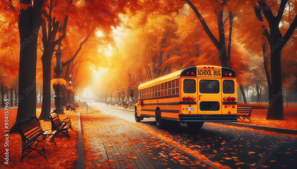 Obraz premium school bus on the street of trees and autumn leaves