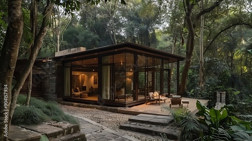 A remot eco friendly lodge that is well integrated into the lush settings