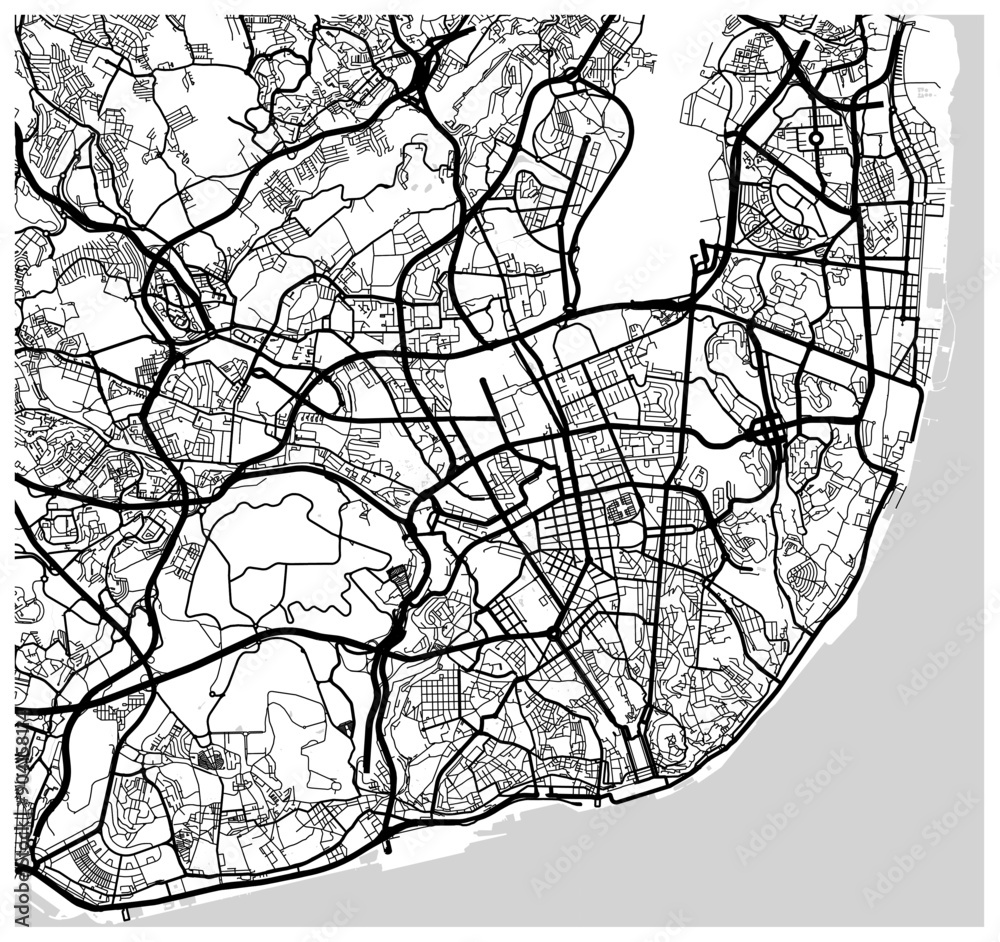 Obraz premium Monochrome vector city map with road network of Lisbon