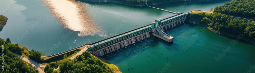 Renewable energy dam reservoir, environmental sustainability, top view, green tech innovation, technology tone, Complementary Color Scheme, copy space for text Renewable energy dam reservoir, environmental sustainability, top view, green tech innovation, technology tone, Complementary Color Scheme, copy space for text