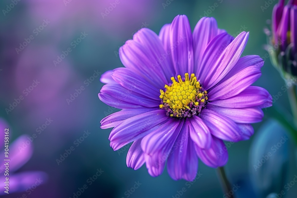 Close-up of a vibrant purple flower in full bloom with a yellow center. Close-up of a vibrant purple flower in full bloom with a yellow center.