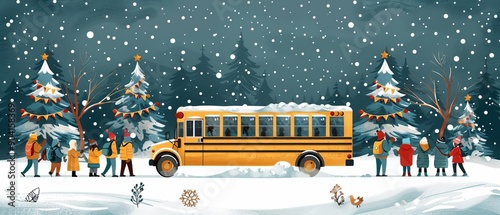 Flat design of a school bus in winter, with snow-covered ground, students in warm clothing, and holiday decorations