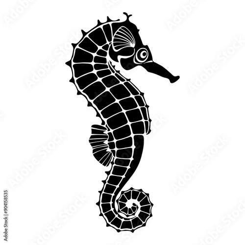 Seahorse. Silhouette on white.  Vector hand drawn illustration.  Excellent for the design of invitations, cards, menu decoration,  printing, logo, clipart and textiles. Black and white.
