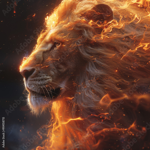 Majestic Lion Surrounded by Fiery Flames Captured in Dramatic Lighting at Sunset