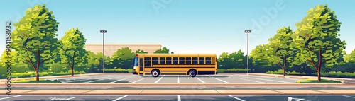 Flat design of a school bus in a parking lot, with lined spaces, trees, and a clear sky above