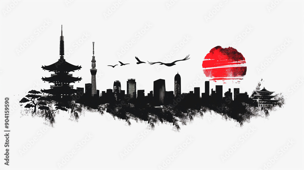 Tranquil Tokyo Vibes - Minimalist Japanese Souvenir T-shirt Design with Cityscape in Monochrome Tranquil Tokyo Vibes - Minimalist Japanese Souvenir T-shirt Design with Cityscape in Monochrome