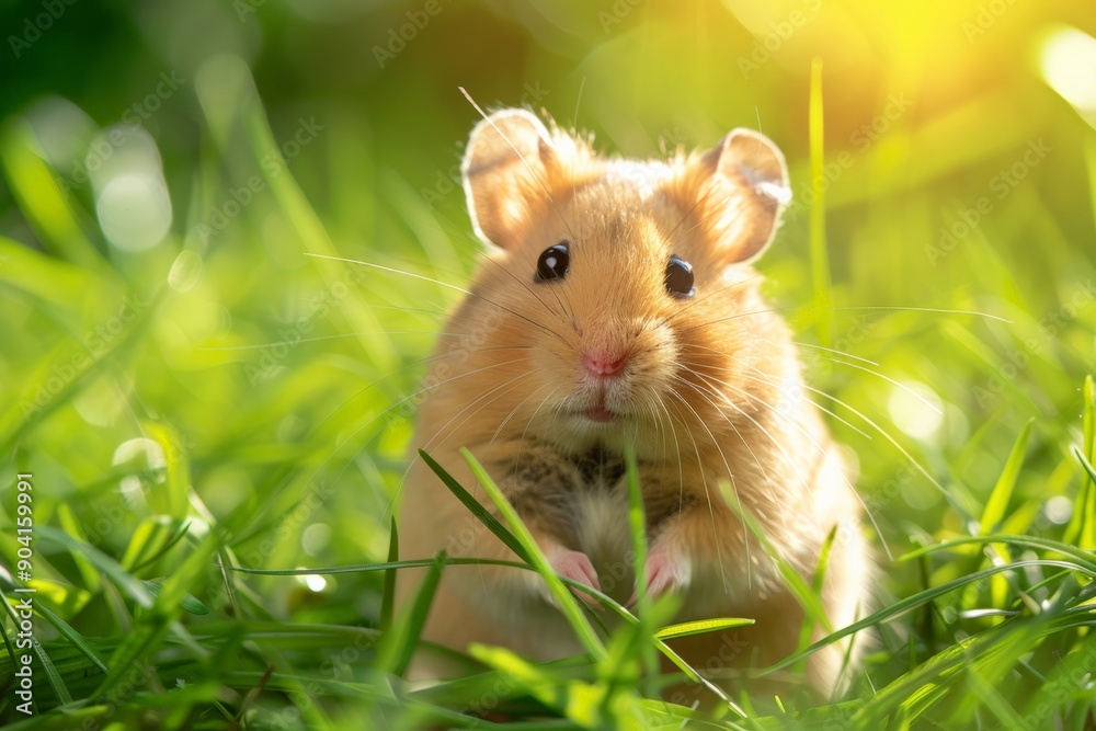 Cute hamster in a grassy field looking curiously at the camera.