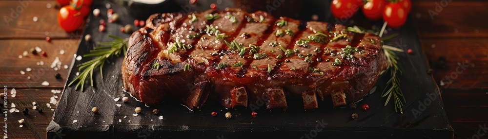 Grilled ribeye steak on a dark slate board, garnished with fresh herbs and sea salt, accompanied by cherry tomatoes in the background. Grilled ribeye steak on a dark slate board, garnished with fresh herbs and sea salt, accompanied by cherry tomatoes in the background.