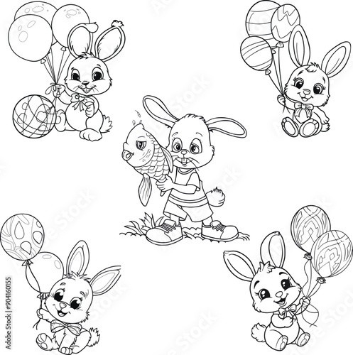 Vector Bunnies with Balloons and Fish Coloring Page for Kids