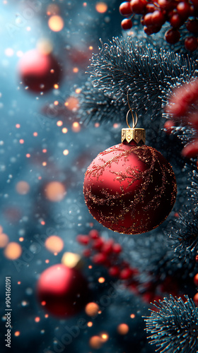 A red Christmas ornament hangs from a tree branch