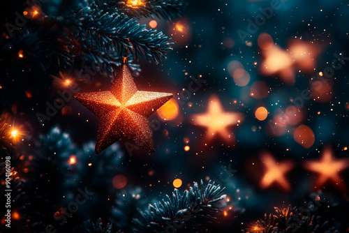 A lighting star hanging from a tree with a blue background
