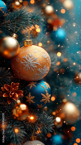 A Christmas tree branch with many ornaments, including a gold