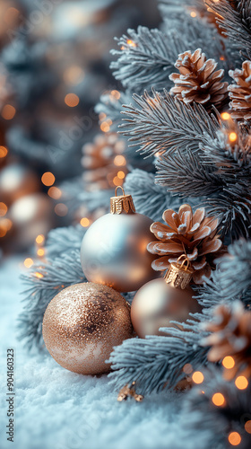 Close-up of a Christmas tree branch over snow ornamented with white and golden balls and pine cones