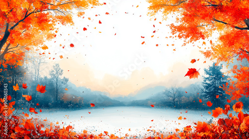 A painting of a forest with trees and leaves falling