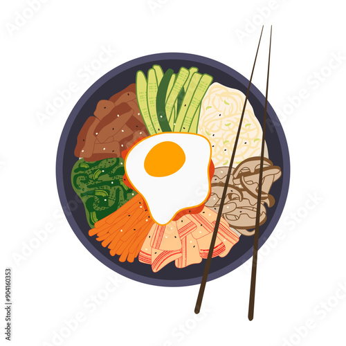 Korean bibimbap vector illustration. Delicious traditional asian rice dish with vegetables, meat and egg on top served in bowl with chopsticks isolated on white background. Popular South Korean meal