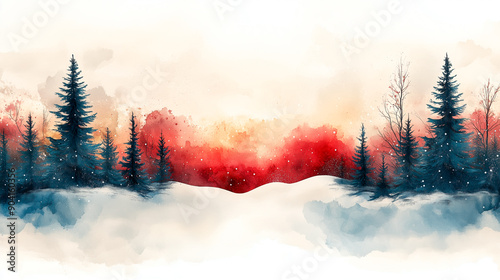 A painting of a snowy forest with a red and orange sky