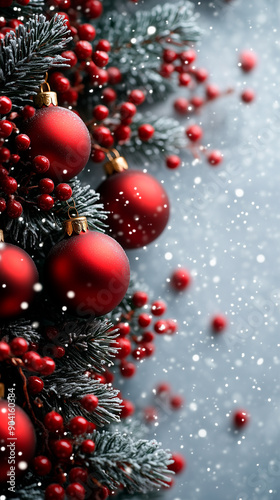 A Christmas tree branch with red ornaments and berries