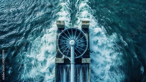 Water turbines in motion, renewable energy from flow, top view, modern technology, futuristic tone, Complementary Color Scheme, copy space for text