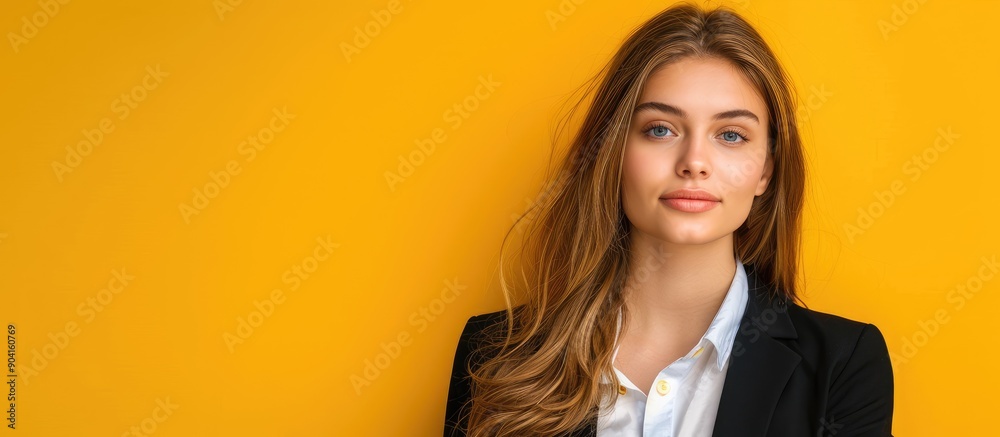 A young lovely businesswoman s portrait against a bright yellow backdrop with space for text or images. Copy space image. Place for adding text and design A young lovely businesswoman s portrait against a bright yellow backdrop with space for text or images. Copy space image. Place for adding text and design