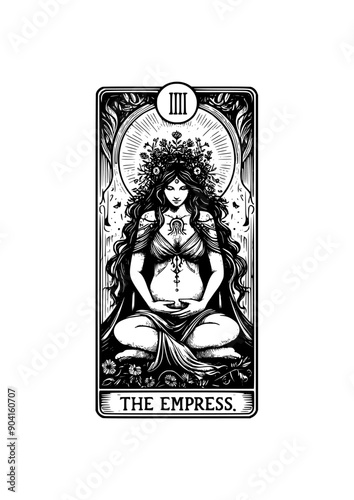 The Empress: Tarot Card Featuring Goddess, Crown, Nature, Flowers, Leaves, and Mystical Symbols