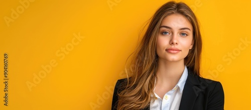 A young lovely businesswoman s portrait against a bright yellow backdrop with space for text or images. Copy space image. Place for adding text and design photo