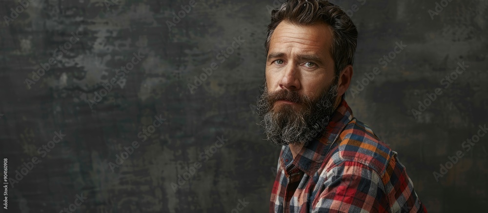 A bearded man in a plaid shirt poses against a gray backdrop emanating a hipster vibe of masculinity and solitude creating a trendy copy space image A bearded man in a plaid shirt poses against a gray backdrop emanating a hipster vibe of masculinity and solitude creating a trendy copy space image