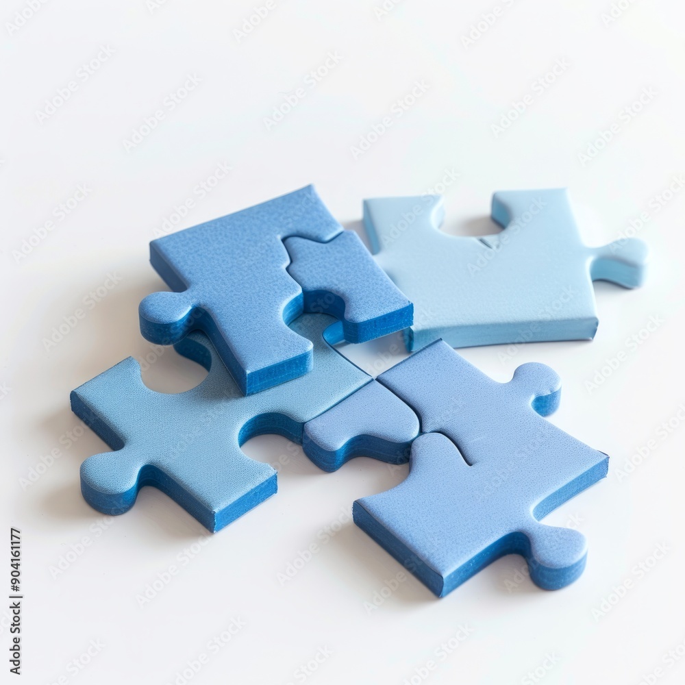 medium shot of four pieces of puzzle, isolated on a white background, bright and vivid tonality medium shot of four pieces of puzzle, isolated on a white background, bright and vivid tonality