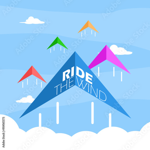 National Ride The Wind Day event sport banner. Illustration of paragliding in the air above the clouds to celebrate August 23