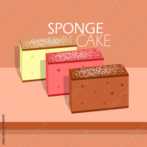 National Sponge Cake Day event food banner.  Sponge cake with three different flavors on wooden plate on light brown background to celebrate on August 23rd