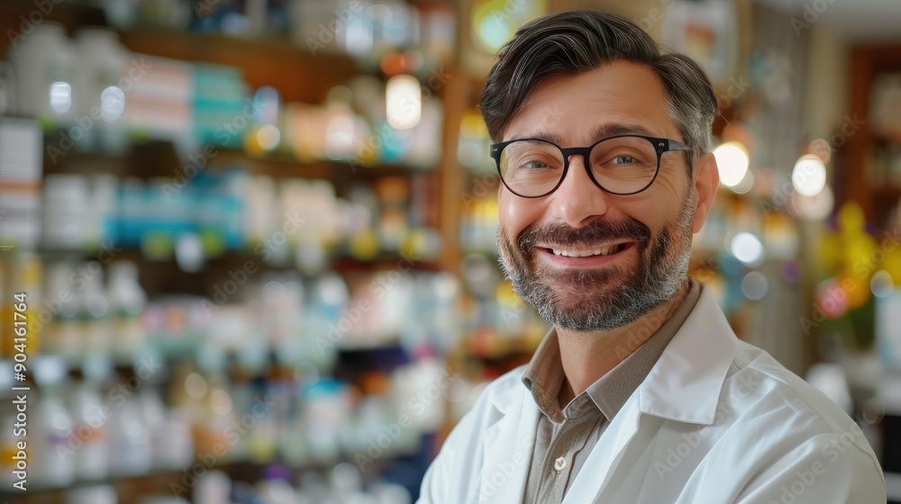 Obraz premium photograph of Smiling portrait of a handsome pharmacist in a pharmacy store.generative ai