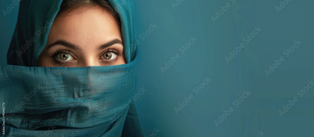 A serious and curious young woman in a hijab is attentively eavesdropping on a secret conversation or gossip with added copy space image A serious and curious young woman in a hijab is attentively eavesdropping on a secret conversation or gossip with added copy space image