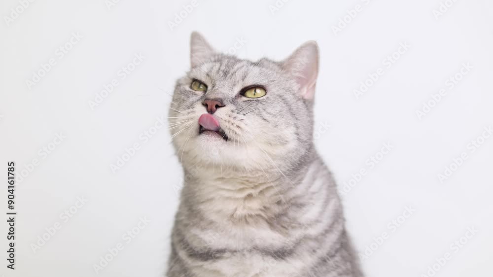 Lovely cat is looking up and licks his lips, waiting for the treat, cat portrait close up, white background Lovely cat is looking up and licks his lips, waiting for the treat, cat portrait close up, white background