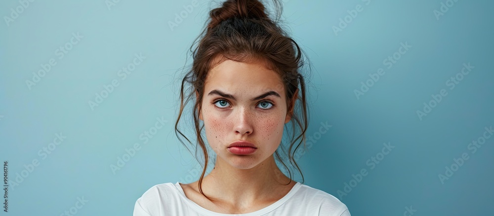 Indignant young woman in casual clothes looking at the camera with a mix of emotions including shock and anger against a plain light blue backdrop in a studio portrait with copy space image reflecting Indignant young woman in casual clothes looking at the camera with a mix of emotions including shock and anger against a plain light blue backdrop in a studio portrait with copy space image reflecting