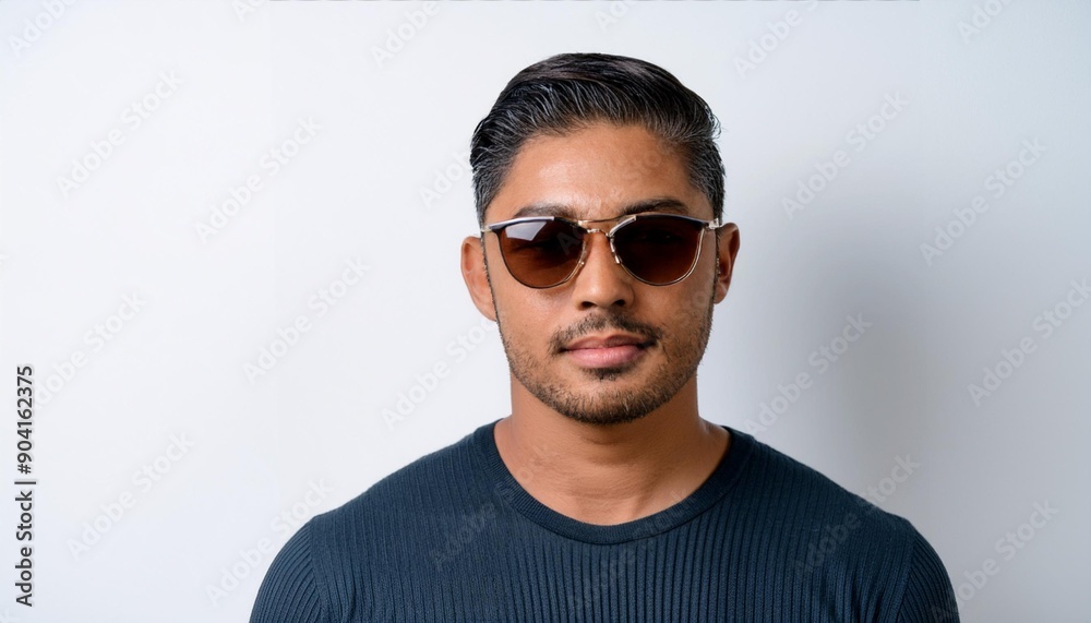 Designer glasses or sunglasses positioned on a white background.
Designer glasses or sunglasses positioned on a white background.