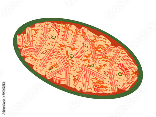 Korean kimchi vector illustration. Traditional spicy asian side dish with fermented napa cabbage and seasonings on oval serving plate isolated on white background. Modern bright drawing with texture