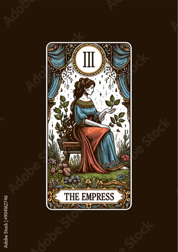 The Empress: Tarot Card Featuring Goddess, Throne, Nature, Flowers, Leaves, and Mystical Symbols